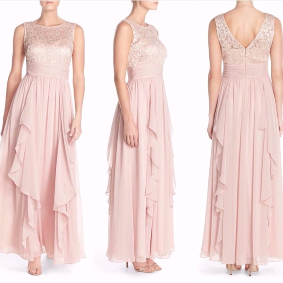NWT $218 Eliza J Sequin Lace‎ & Chiffon Gown in Blush Pink [SZ 14 ] - Picture 1 of 11
